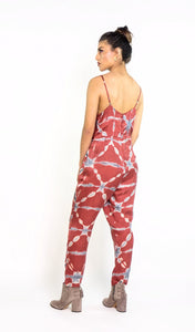 Silk Tie Dye Strap Jumpsuit in Terracotta & Indigo