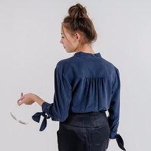 Tie-sleeve Button Up Blouse in Navy